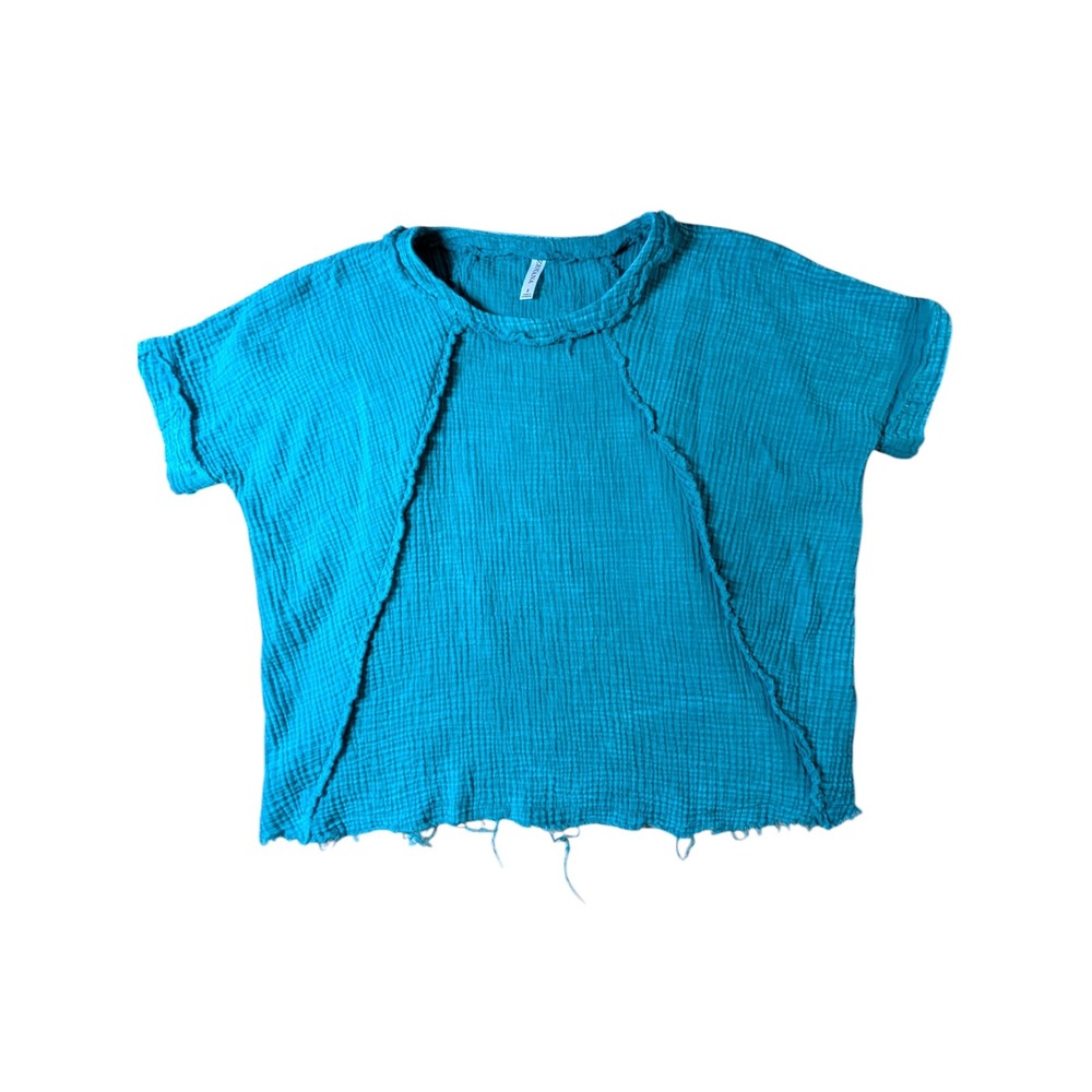 Zenana Oversized Cotton Gauze Top Turquoise Blue Raw Hem Boho Shirt QTW-7111Y S